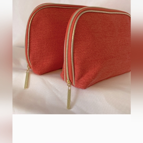 LANCOME Cosmetic Pouch Bag 1 Salmon Gold Zipper Closure Tweed Pattern Makeup NEW - Picture 2 of 8